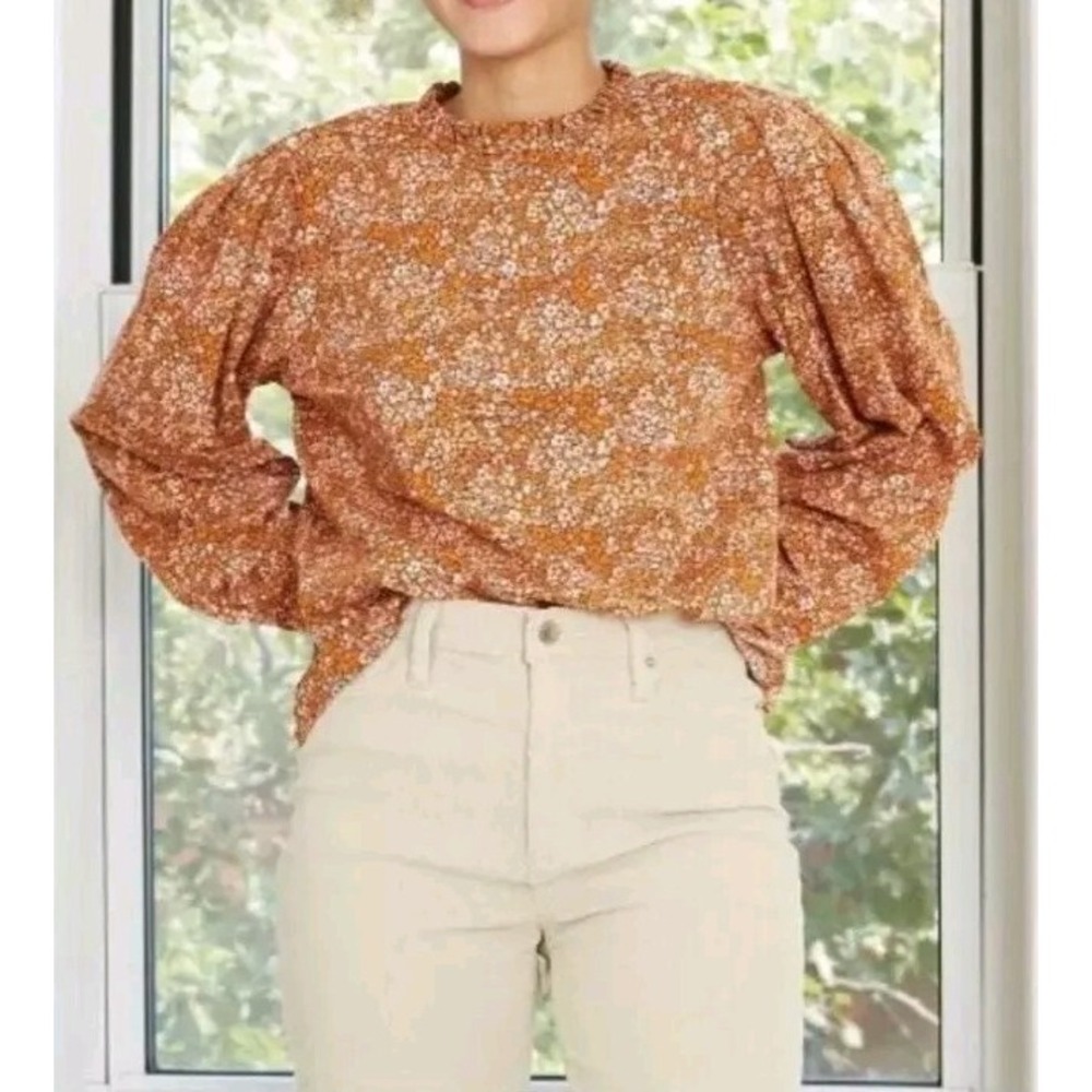 Universal Thread Peasant Blouse Ruffle Collar Keyhole Back Floral Orange L Boho